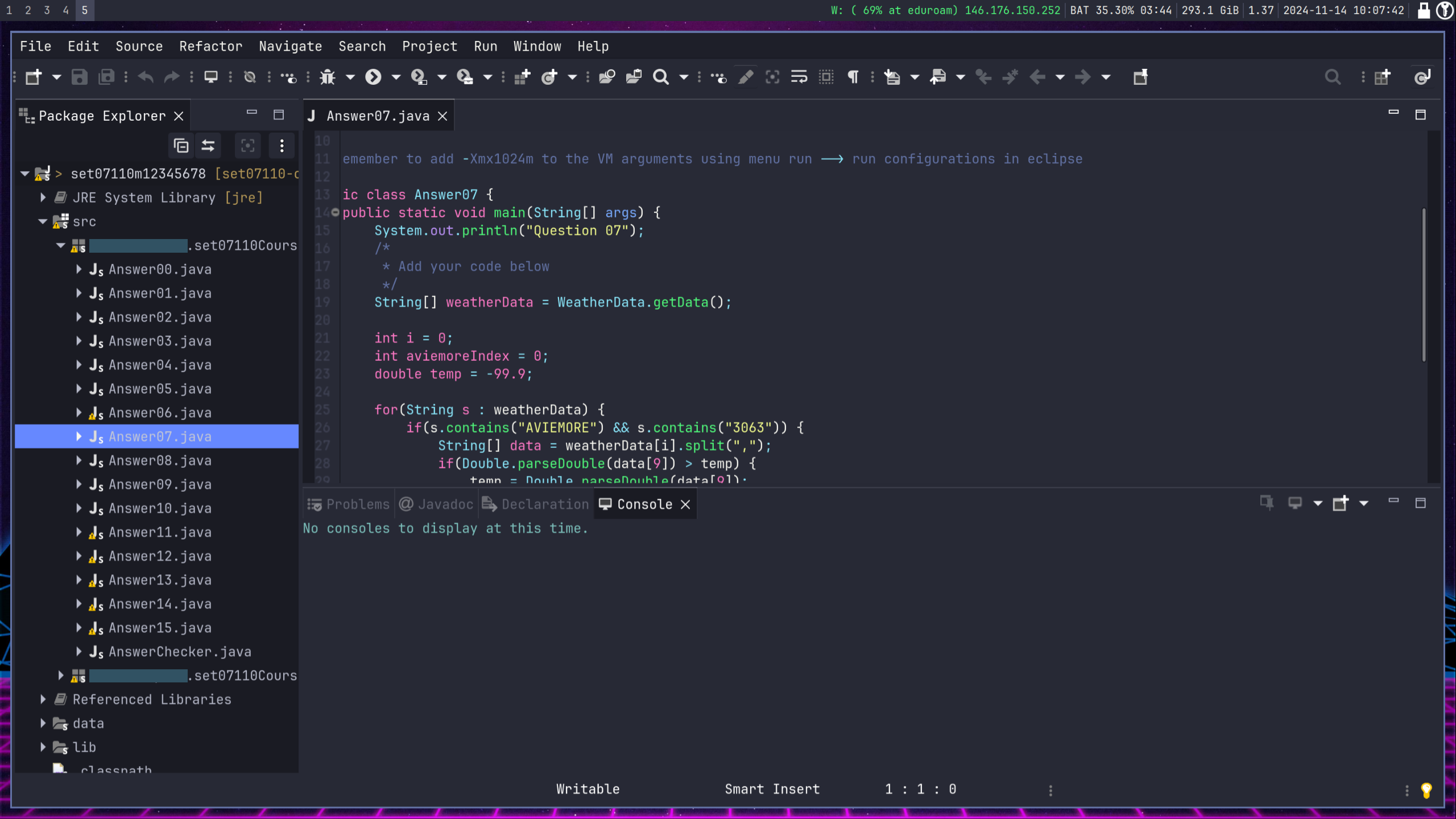 A screenshot of my object-less Java code, open in Eclipse under Sway on Arch Linux, using the Dracula UI theme.